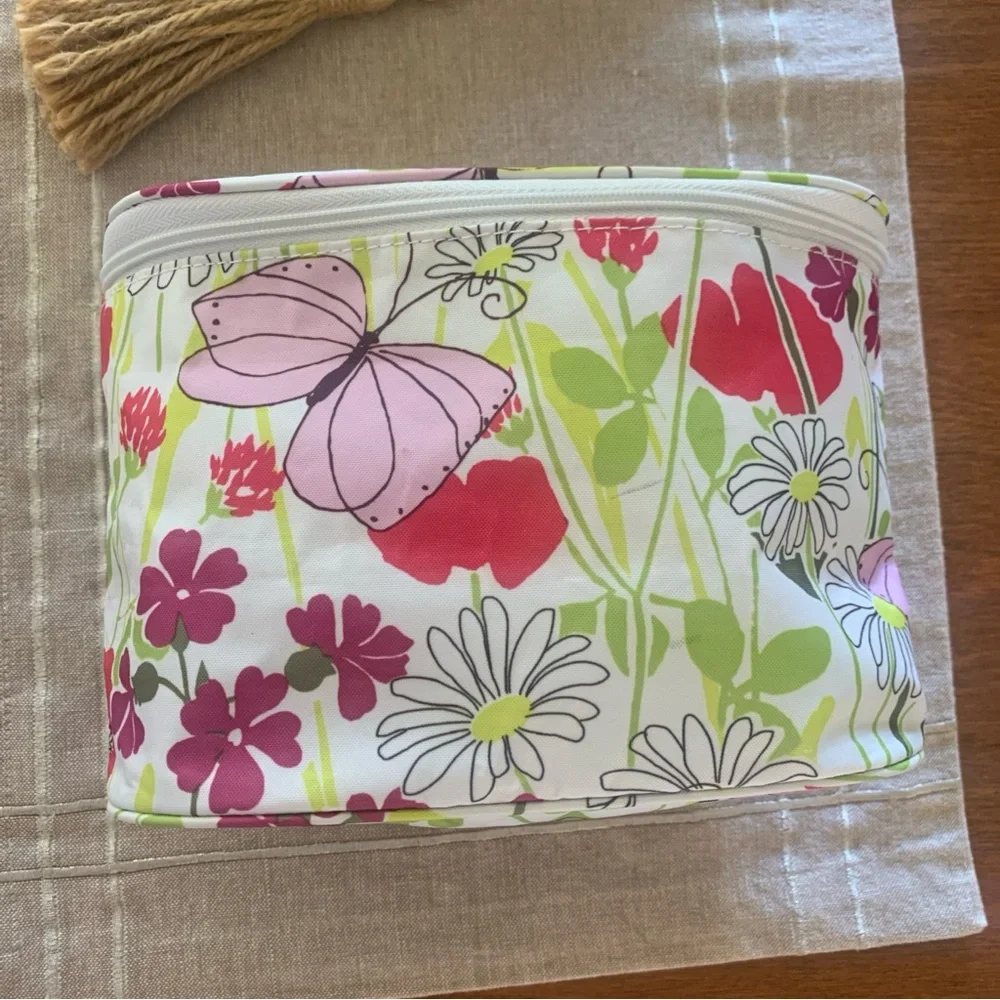 Clinique Cosmetic Makeup Bag Flowers Butterflies Train Case w Handle + Small Bag